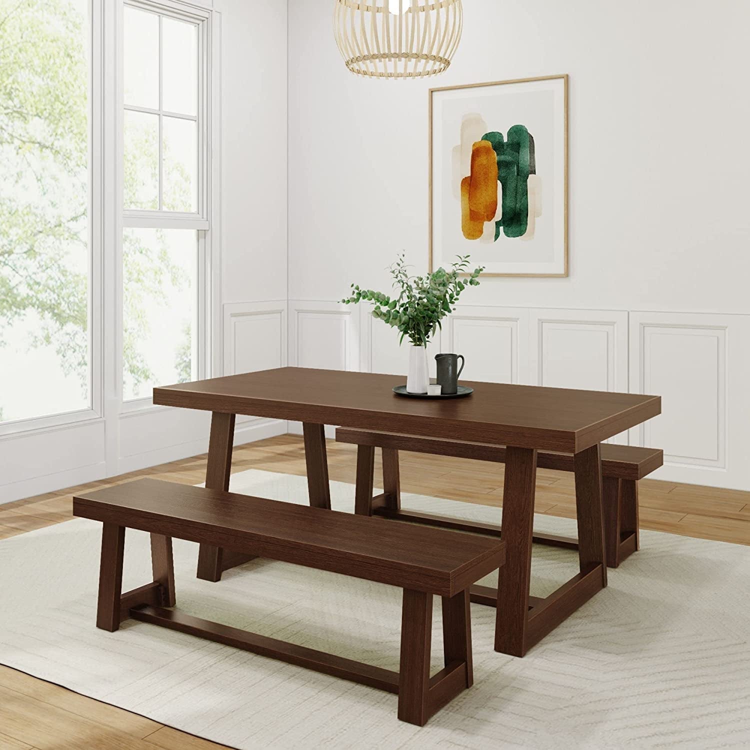 Farmhouse Solid Wood Dining Table Set With Benches Walnut