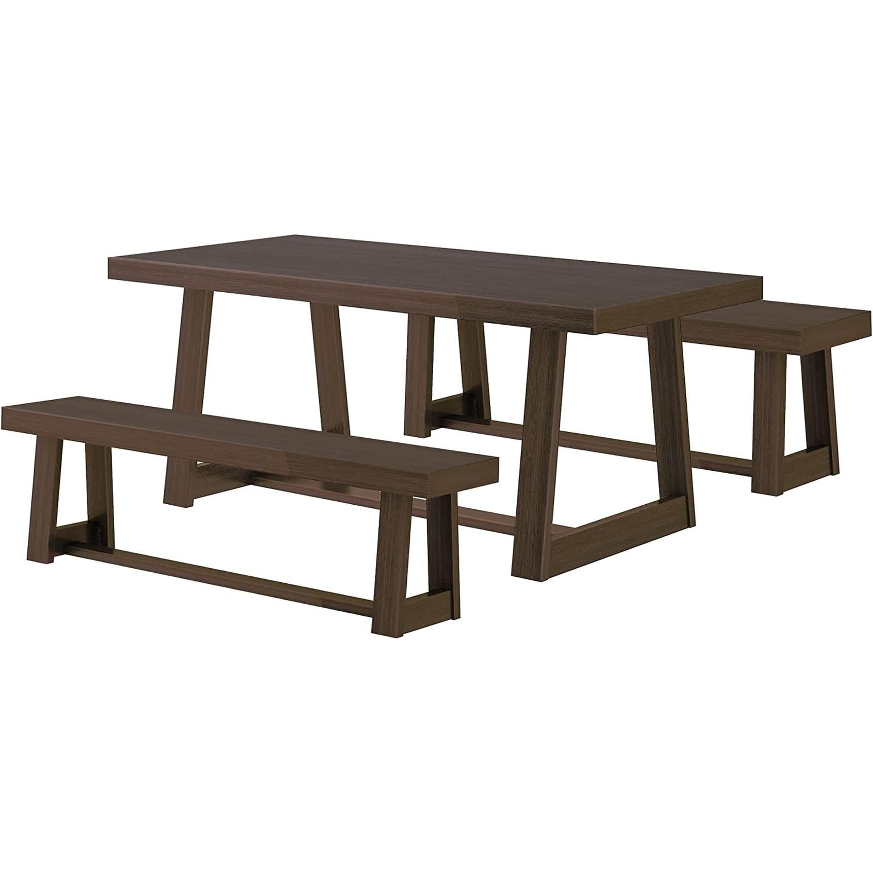Farmhouse Solid Wood Dining Table Set With Benches Walnut