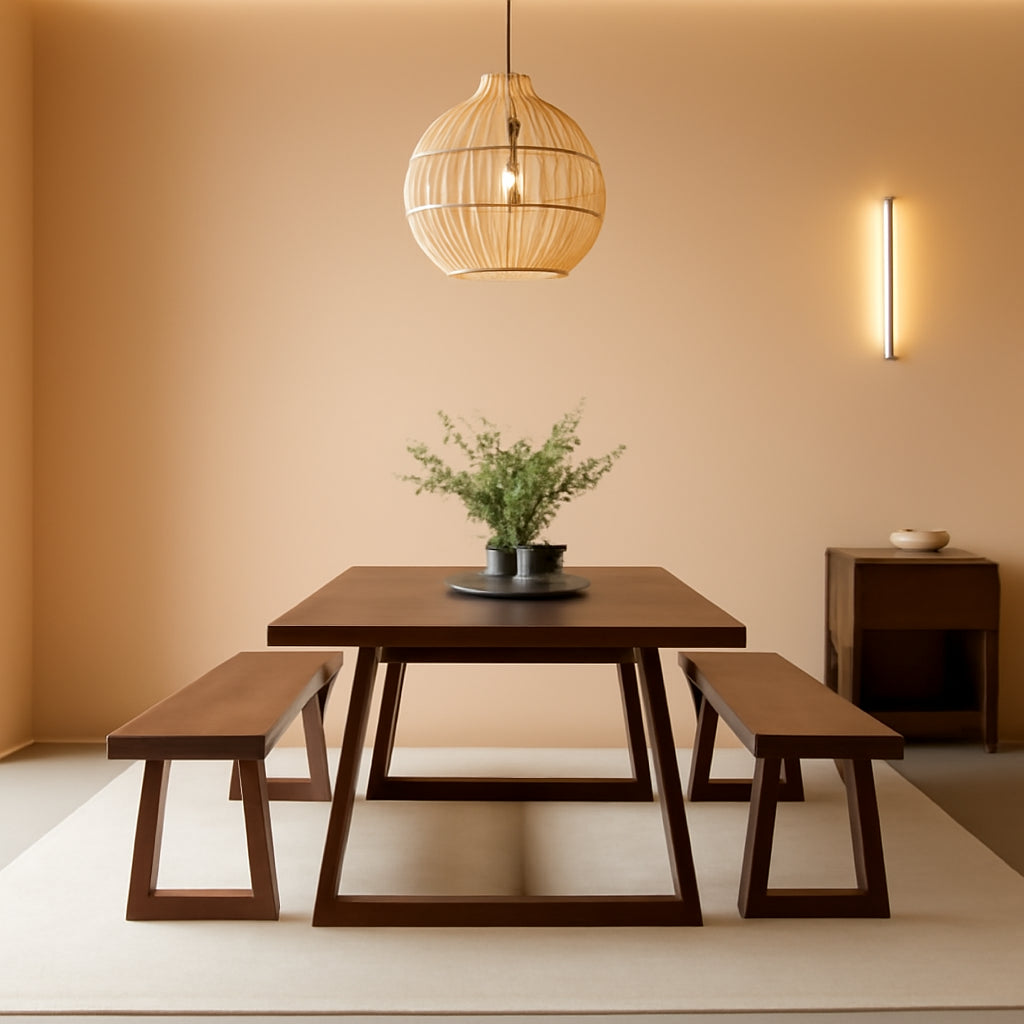 Farmhouse Solid Wood Dining Table Set With Benches Walnut