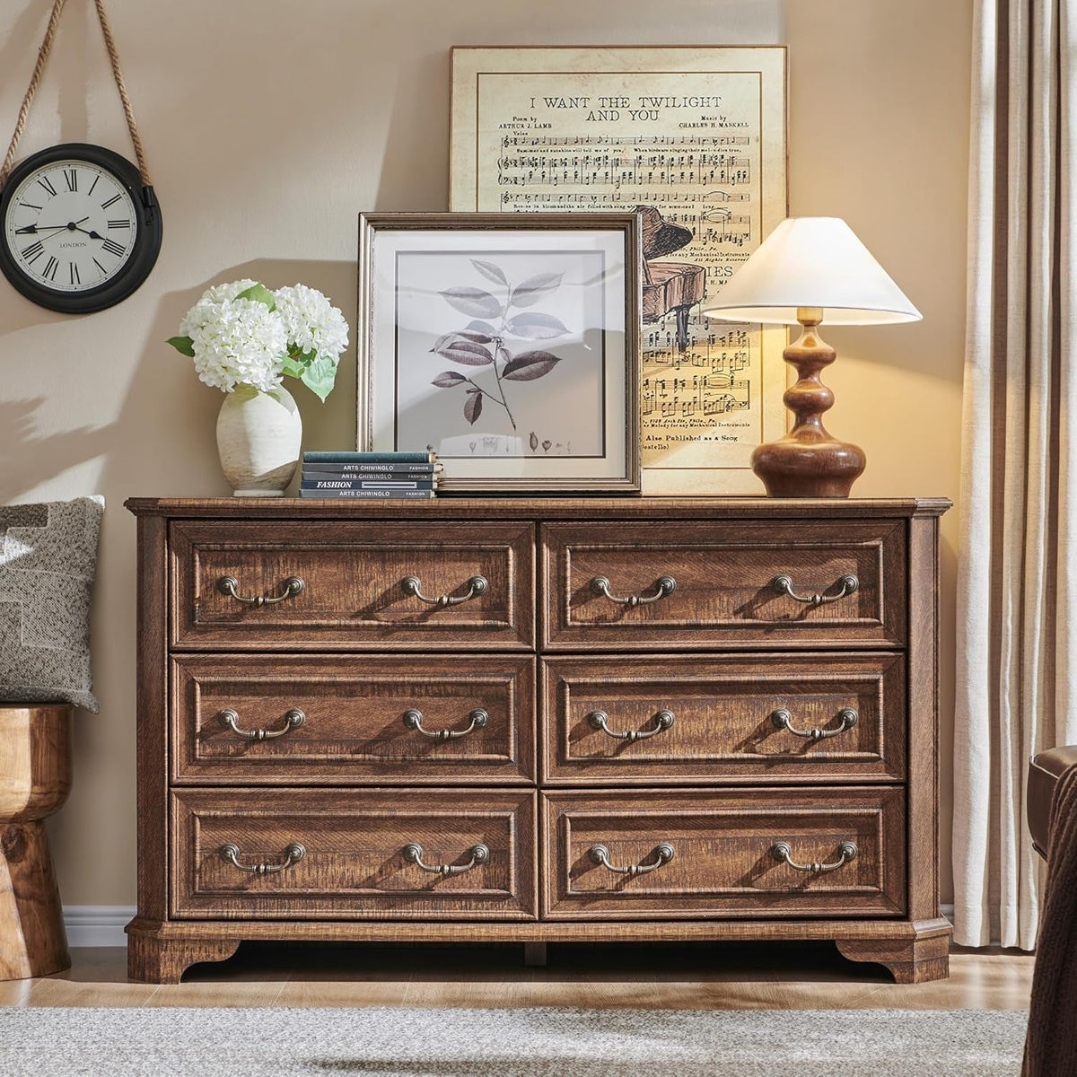 Farmhouse Solid Wood Six Drawer Dresser 54 Inch Wide