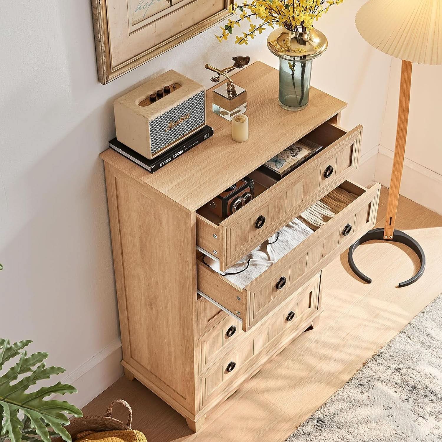 Farmhouse Style 5 Drawer Dresser 42 Inch Tall Rustic Finish