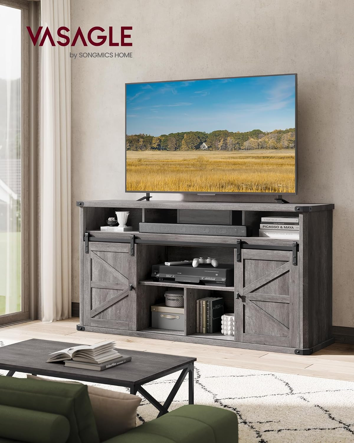 Farmhouse TV Stand 65 With Sliding Barn Doors Misty Gray