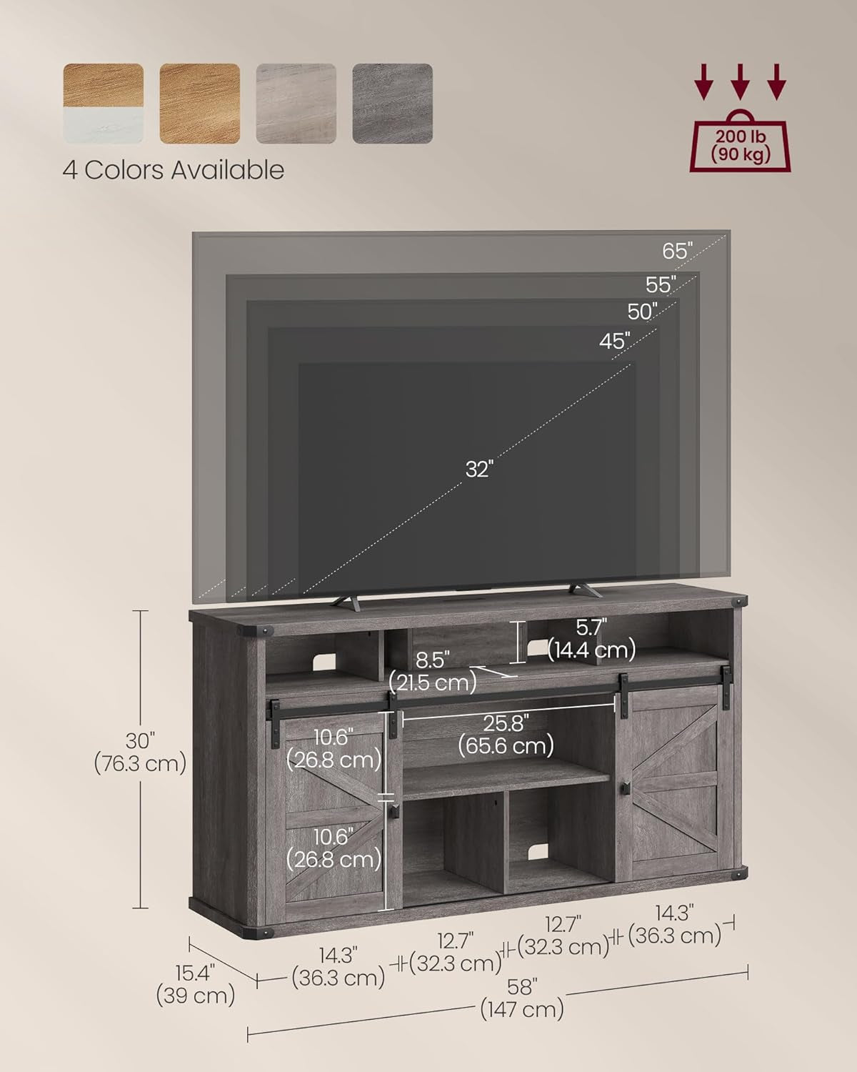 Farmhouse TV Stand 65 With Sliding Barn Doors Misty Gray