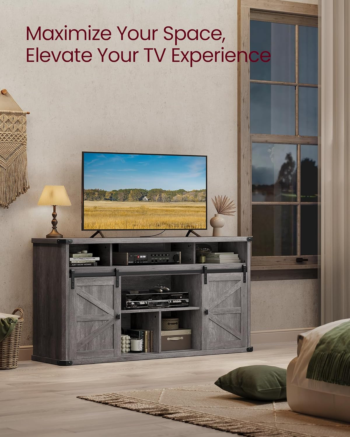Farmhouse TV Stand 65 With Sliding Barn Doors Misty Gray
