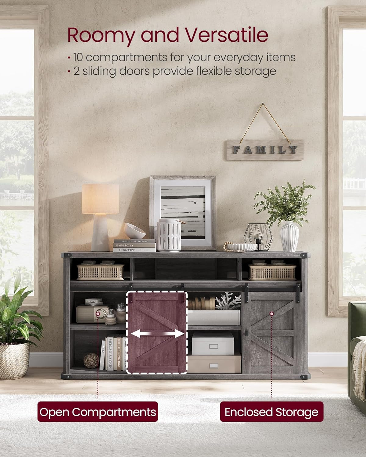 Farmhouse TV Stand 65 With Sliding Barn Doors Misty Gray