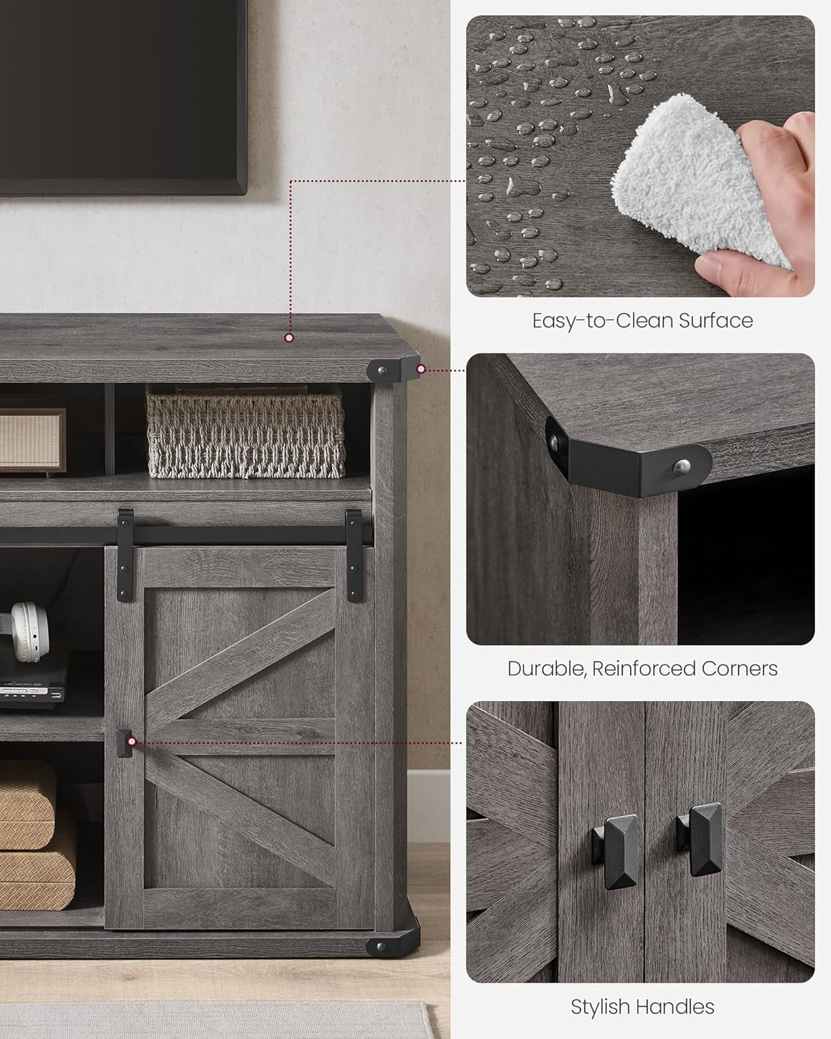 Farmhouse TV Stand 65 With Sliding Barn Doors Misty Gray