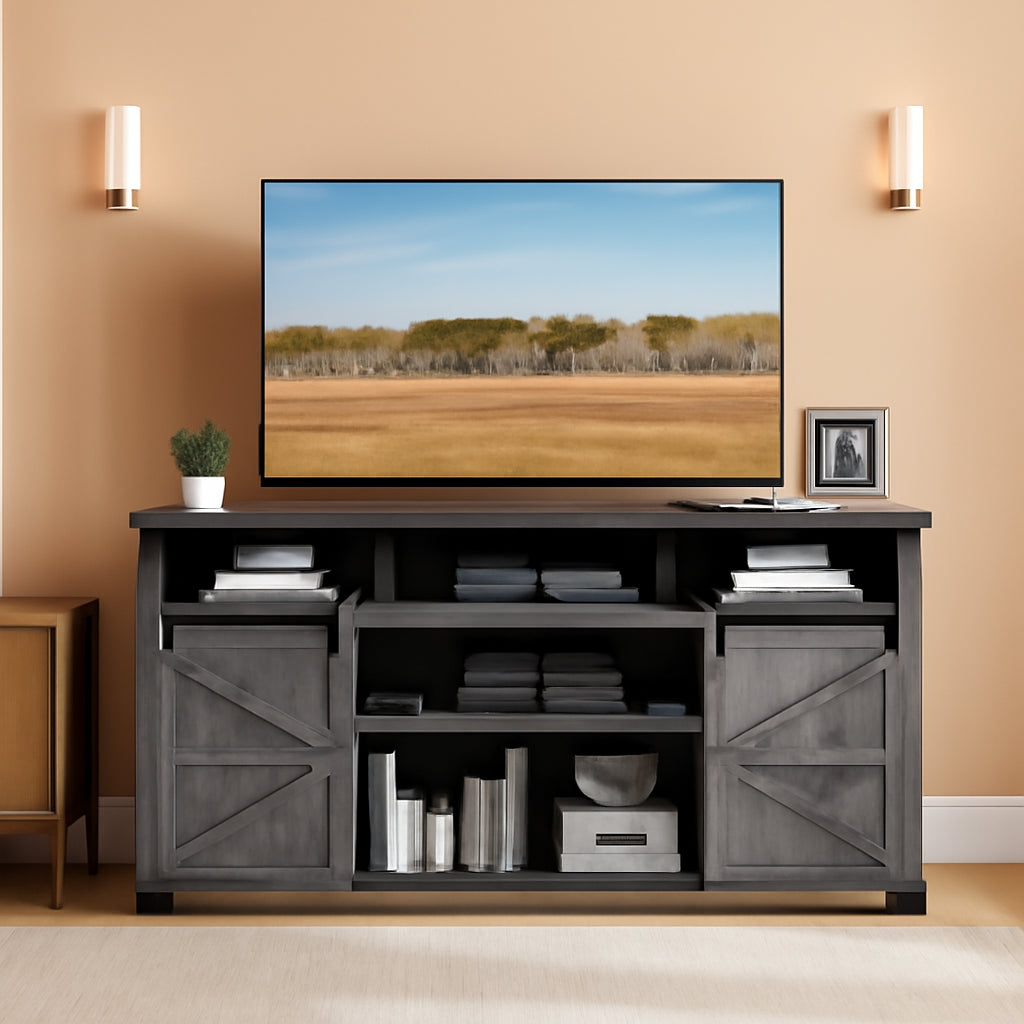 Farmhouse TV Stand 65 With Sliding Barn Doors Misty Gray