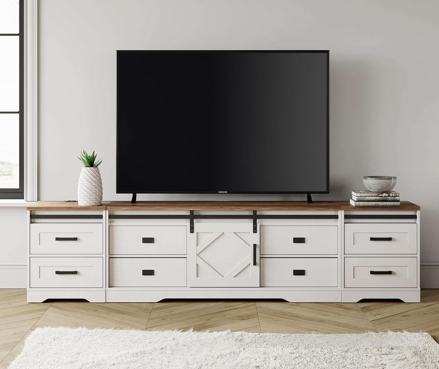 Farmhouse TV Stand Antique White With Charging USB Ports