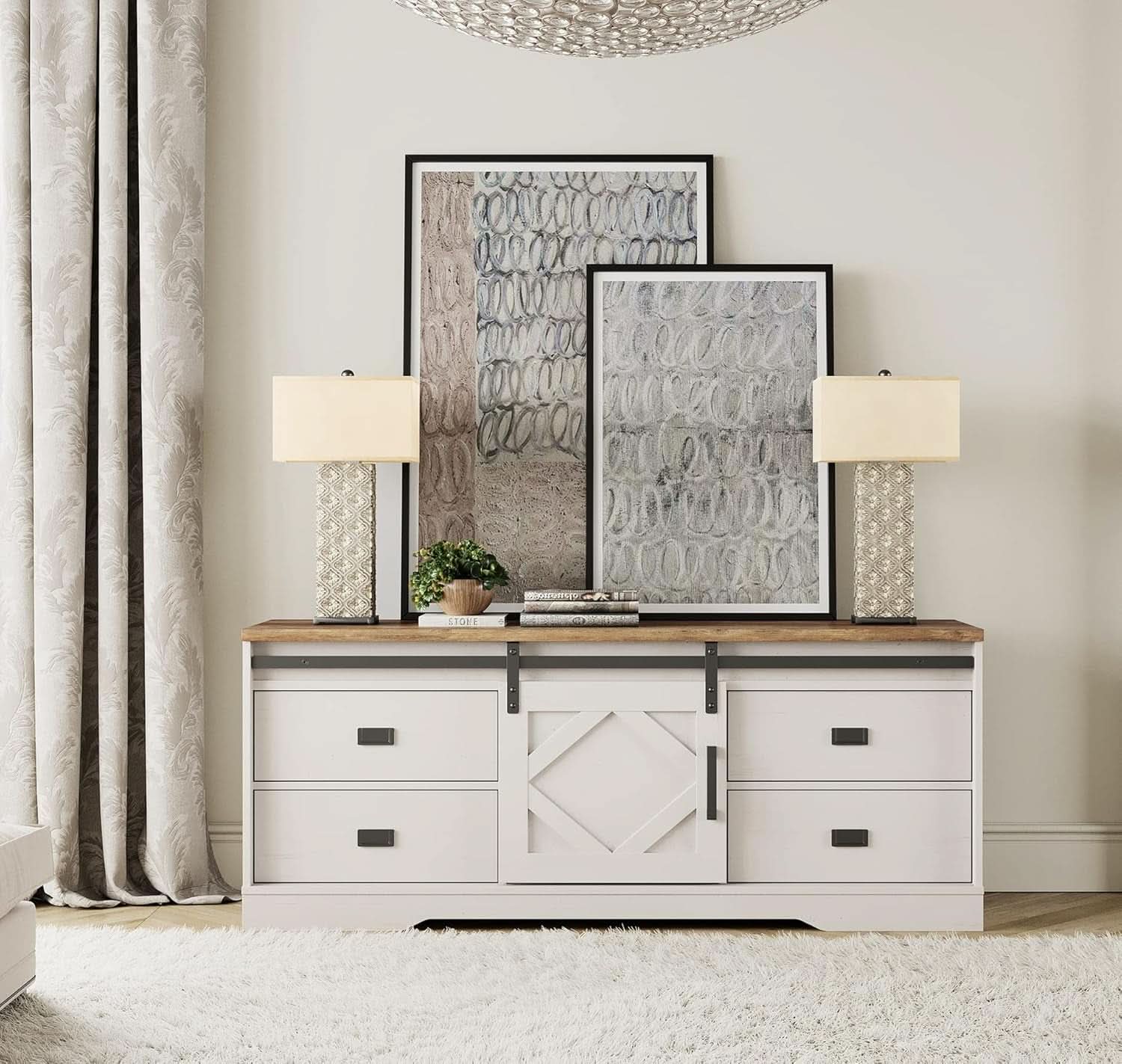 Farmhouse TV Stand Antique White With Charging USB Ports