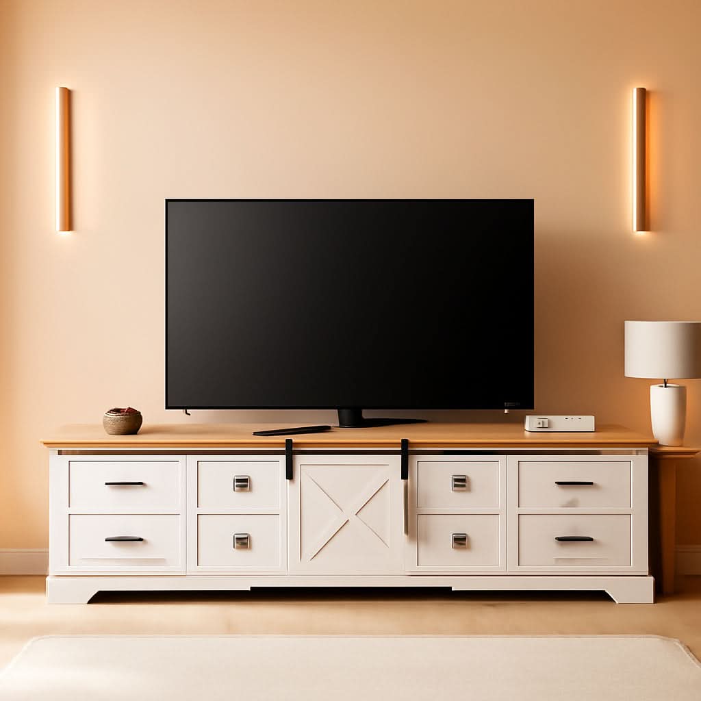 Farmhouse TV Stand Antique White With Charging USB Ports