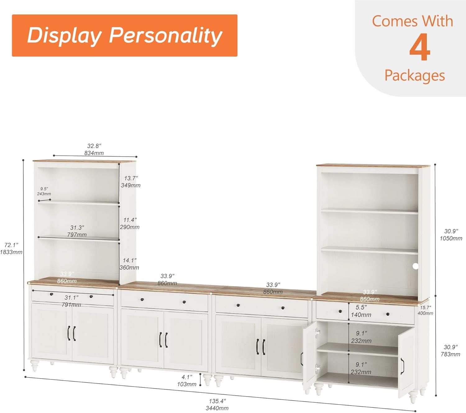 Farmhouse TV Stand For 75 Inch TV Off White 8 Doors