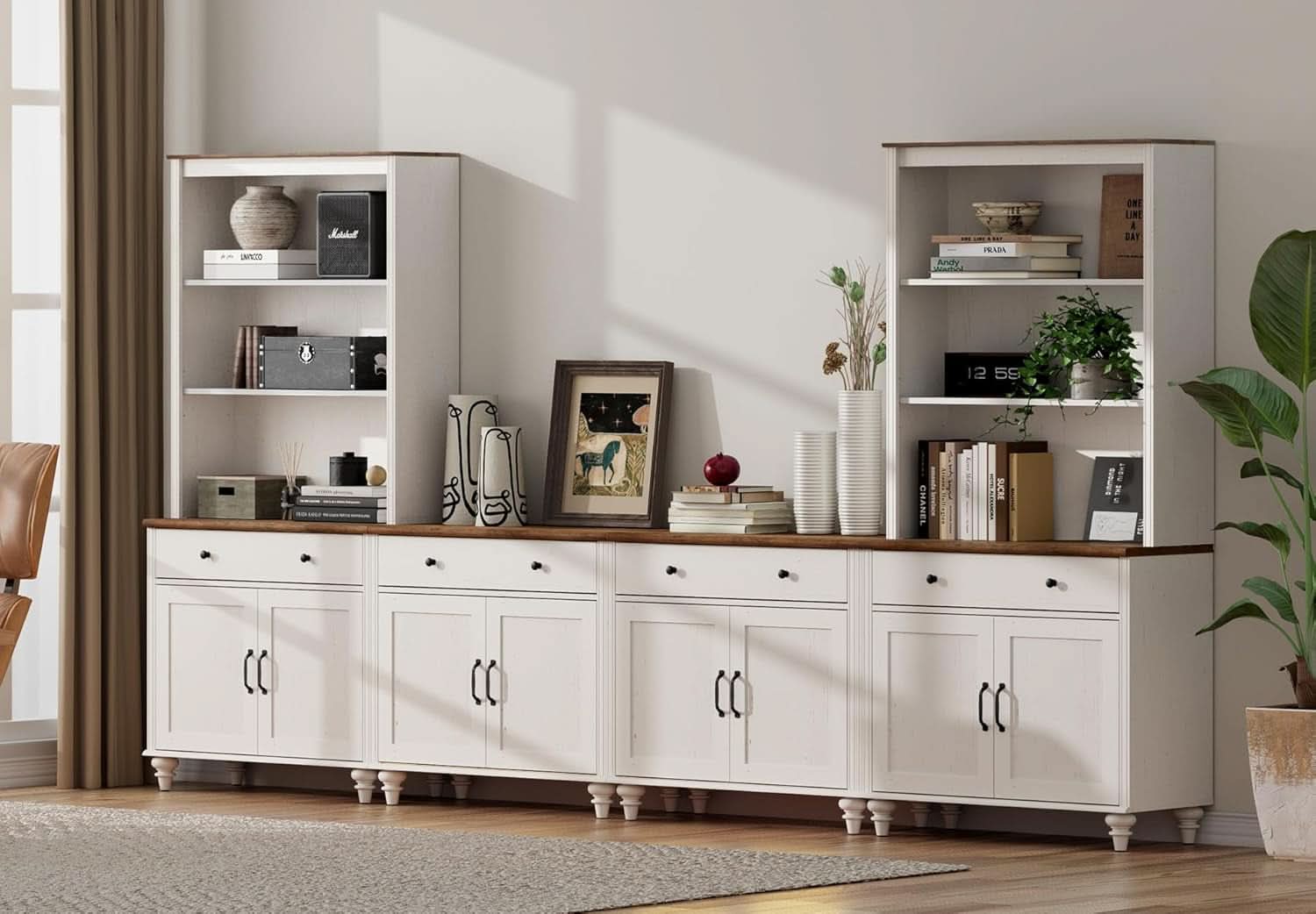 Farmhouse TV Stand For 75 Inch TV Off White 8 Doors