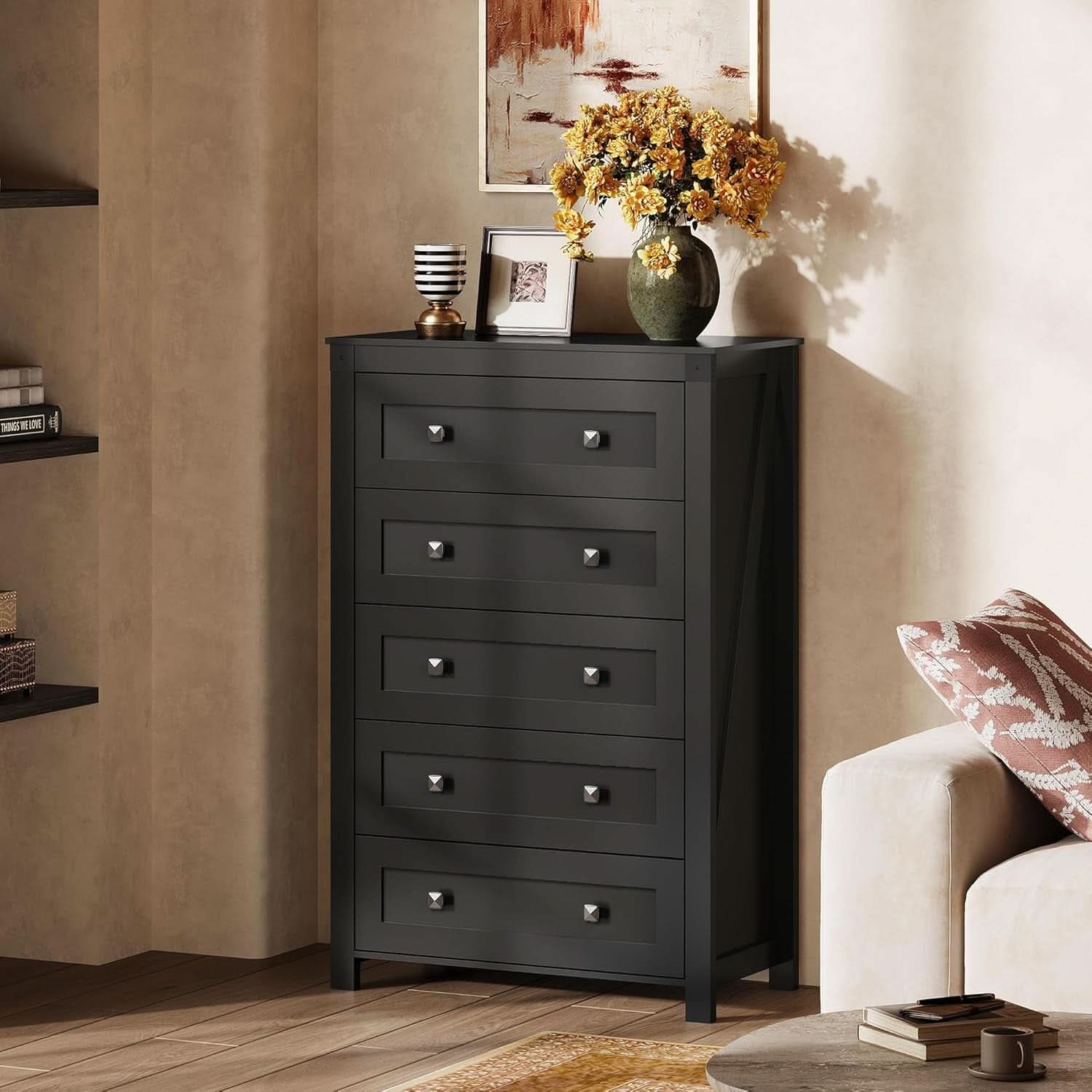 Farmhouse Tall Black Walnutstain Dresser With Drawers