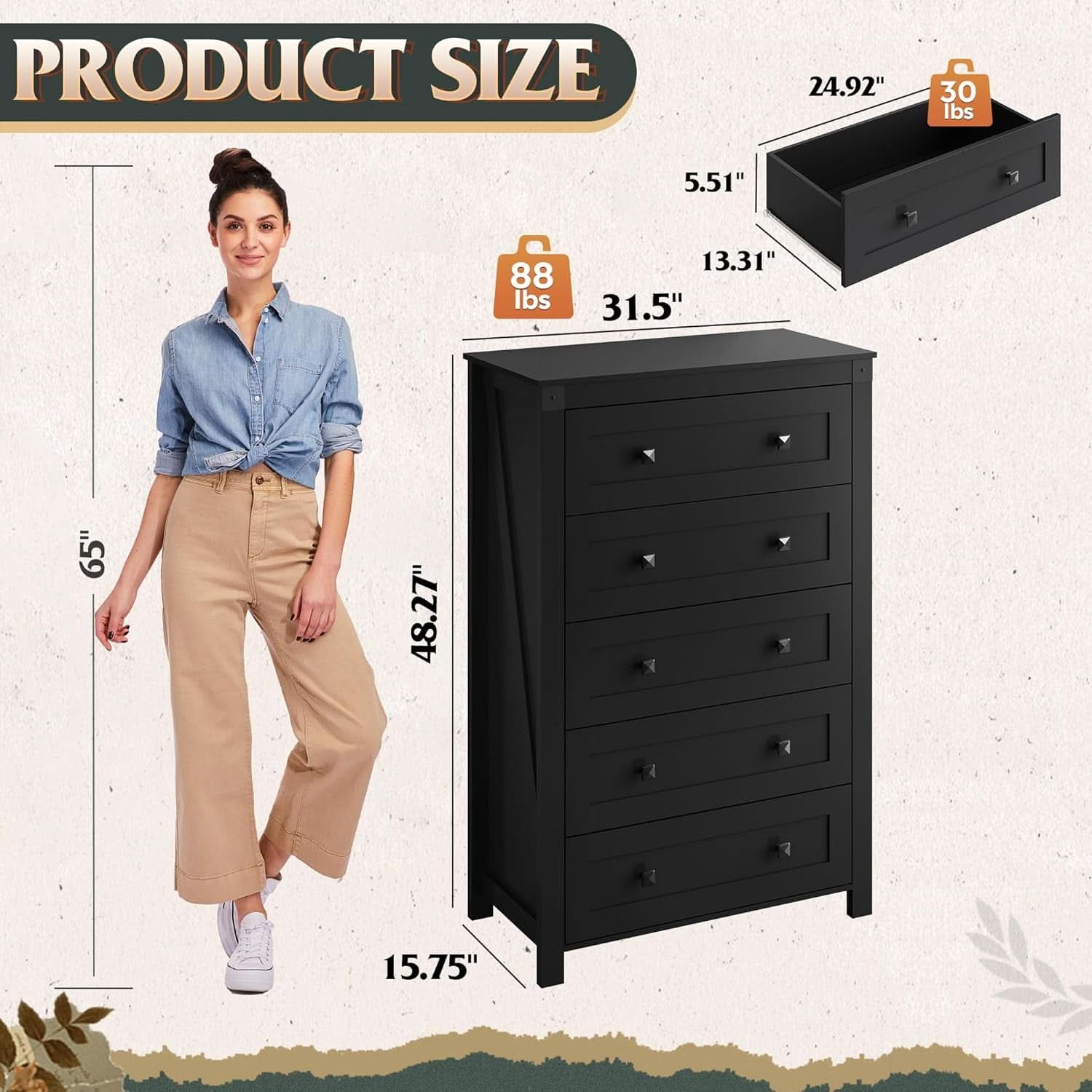 Farmhouse Tall Black Walnutstain Dresser With Drawers