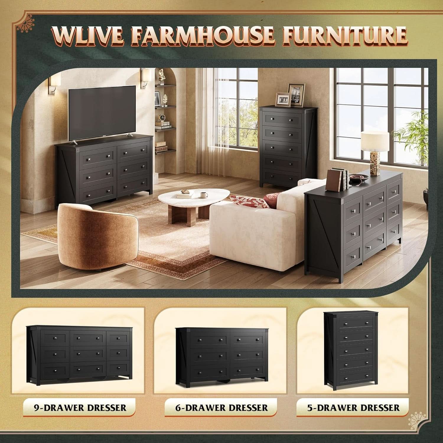 Farmhouse Tall Black Walnutstain Dresser With Drawers