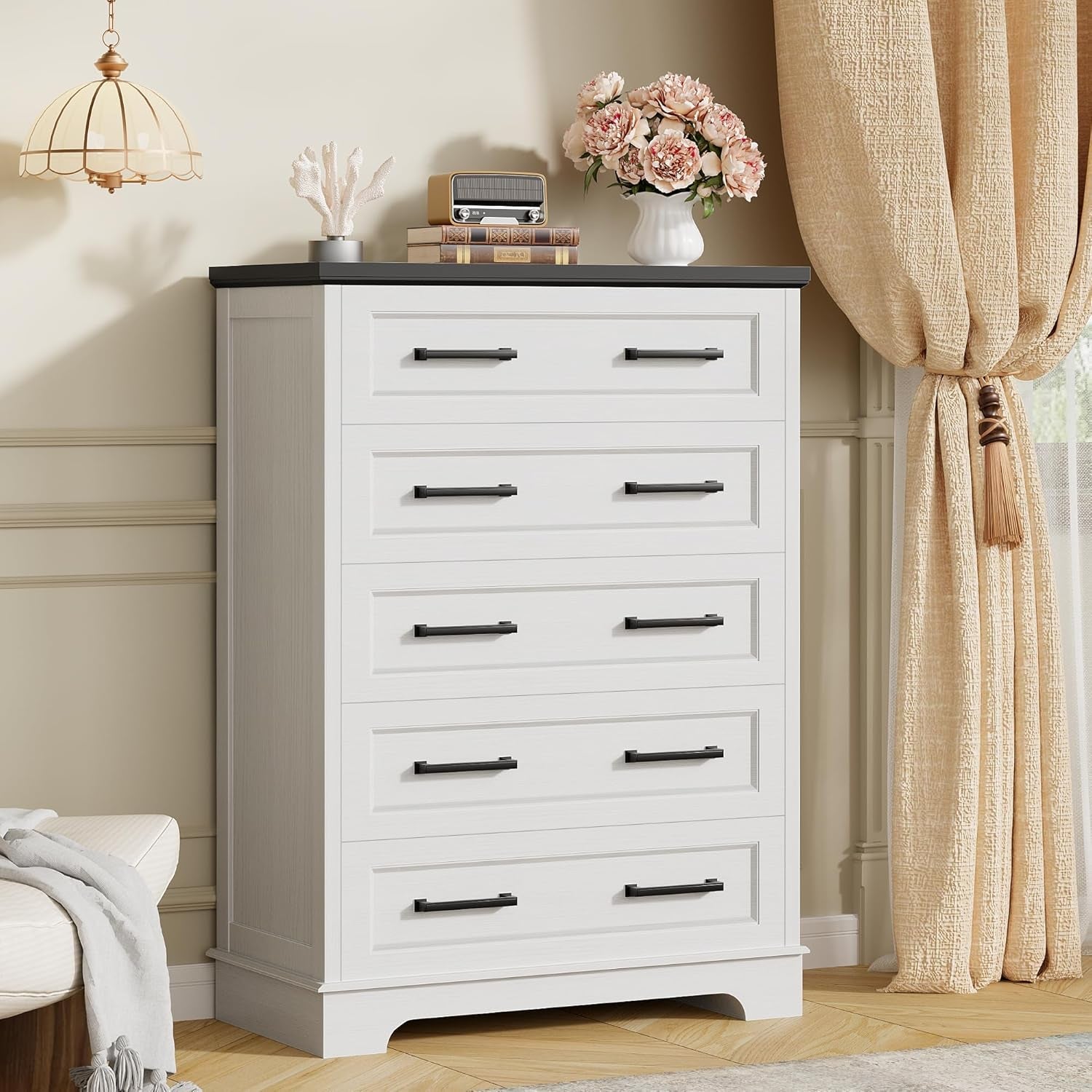 Farmhouse White Dresser With Five Drawers For Bedroom Use