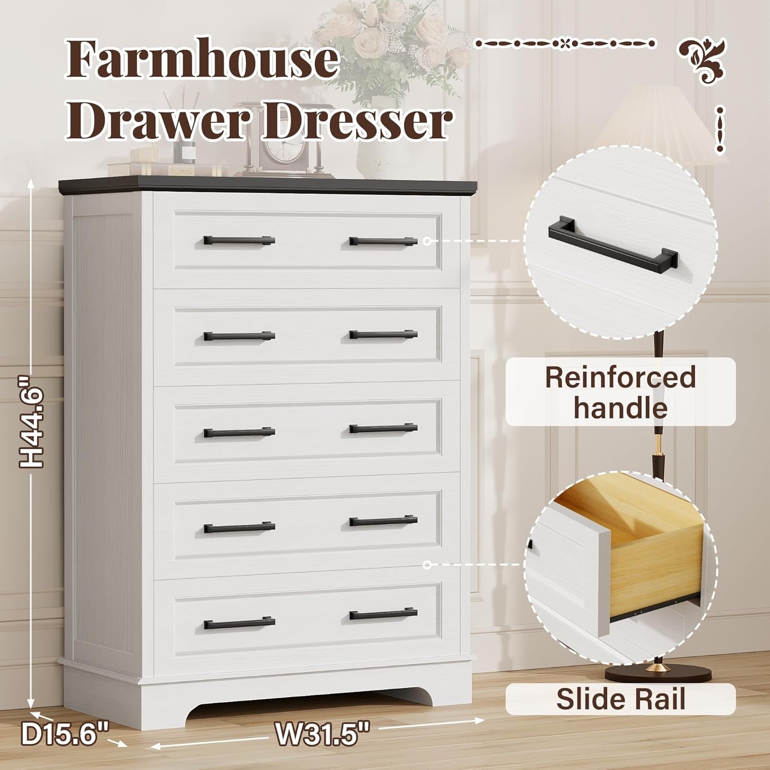 Farmhouse White Dresser With Five Drawers For Bedroom Use
