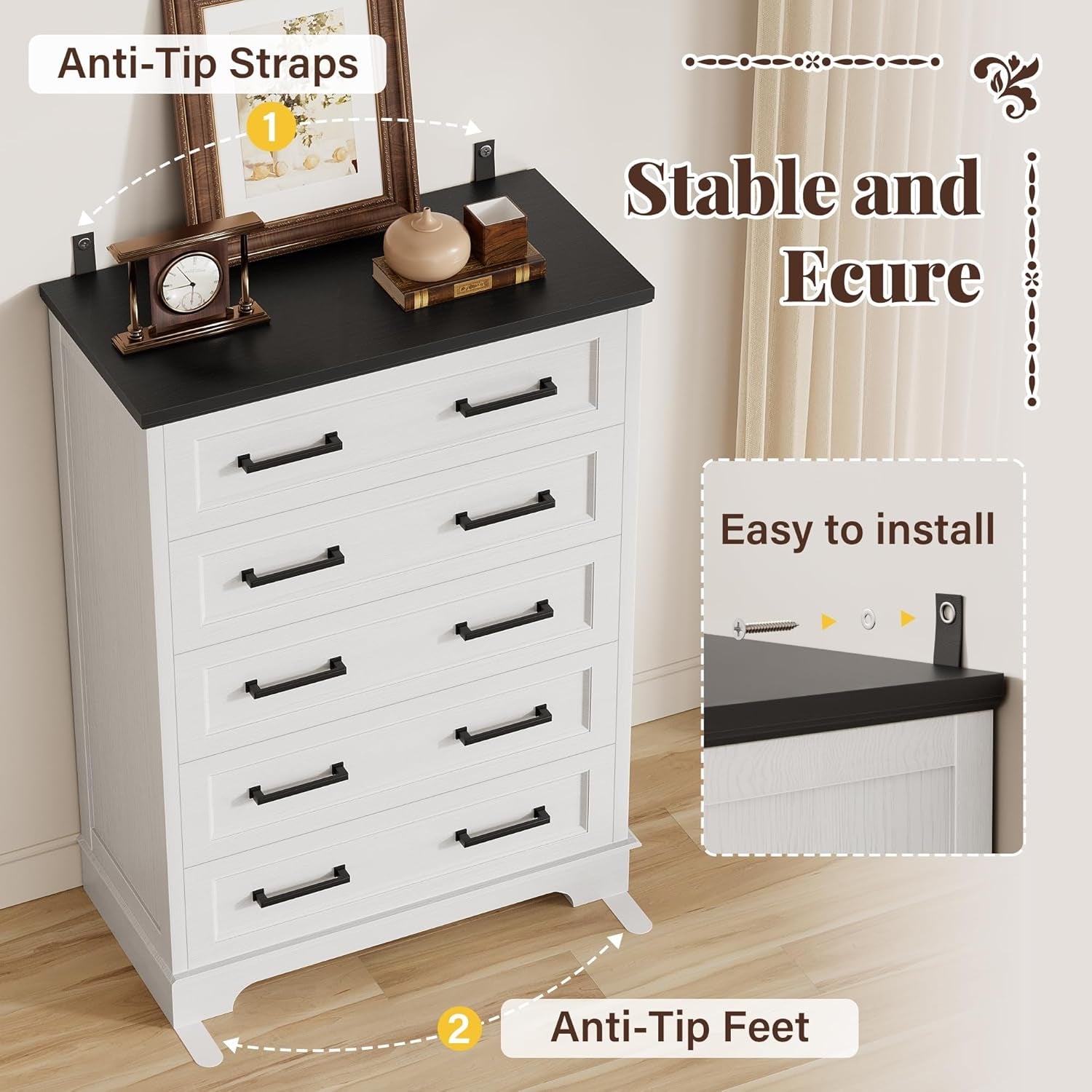 Farmhouse White Dresser With Five Drawers For Bedroom Use