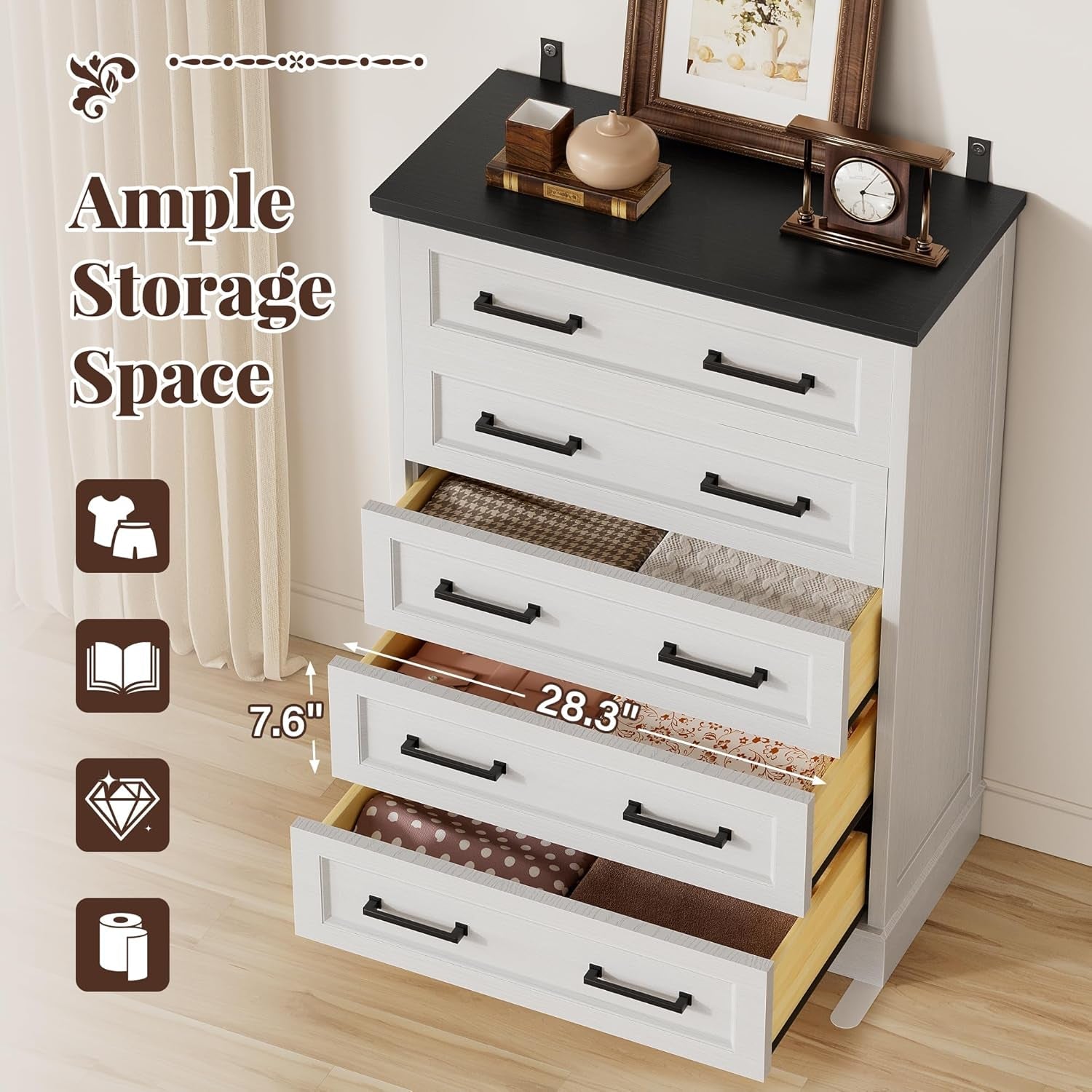 Farmhouse White Dresser With Five Drawers For Bedroom Use