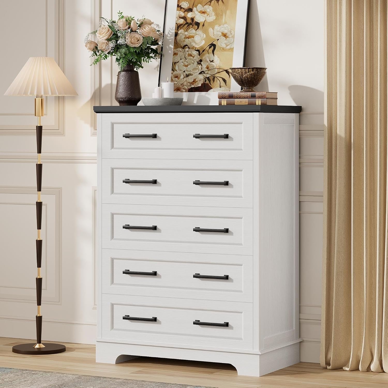 Farmhouse White Dresser With Five Drawers For Bedroom Use