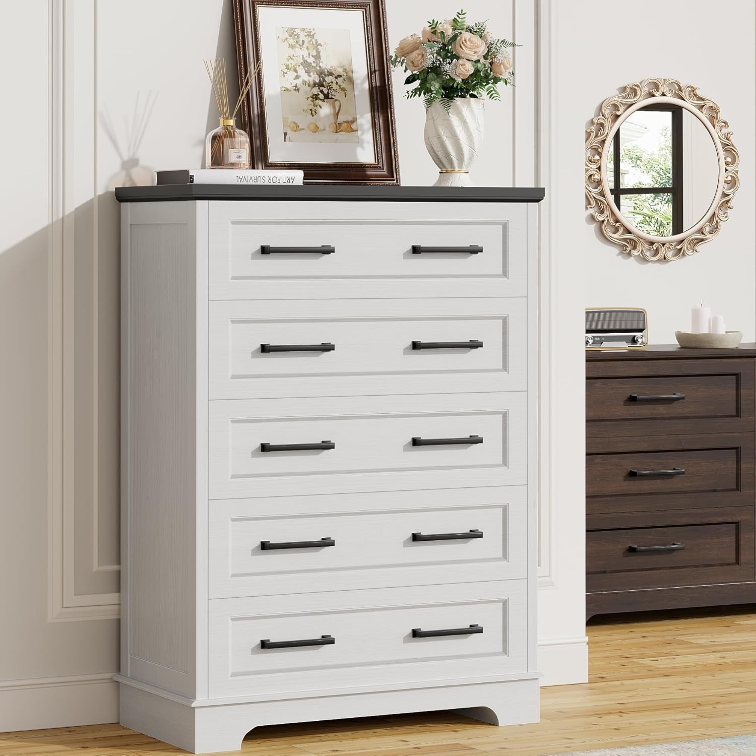 Farmhouse White Dresser With Five Drawers For Bedroom Use
