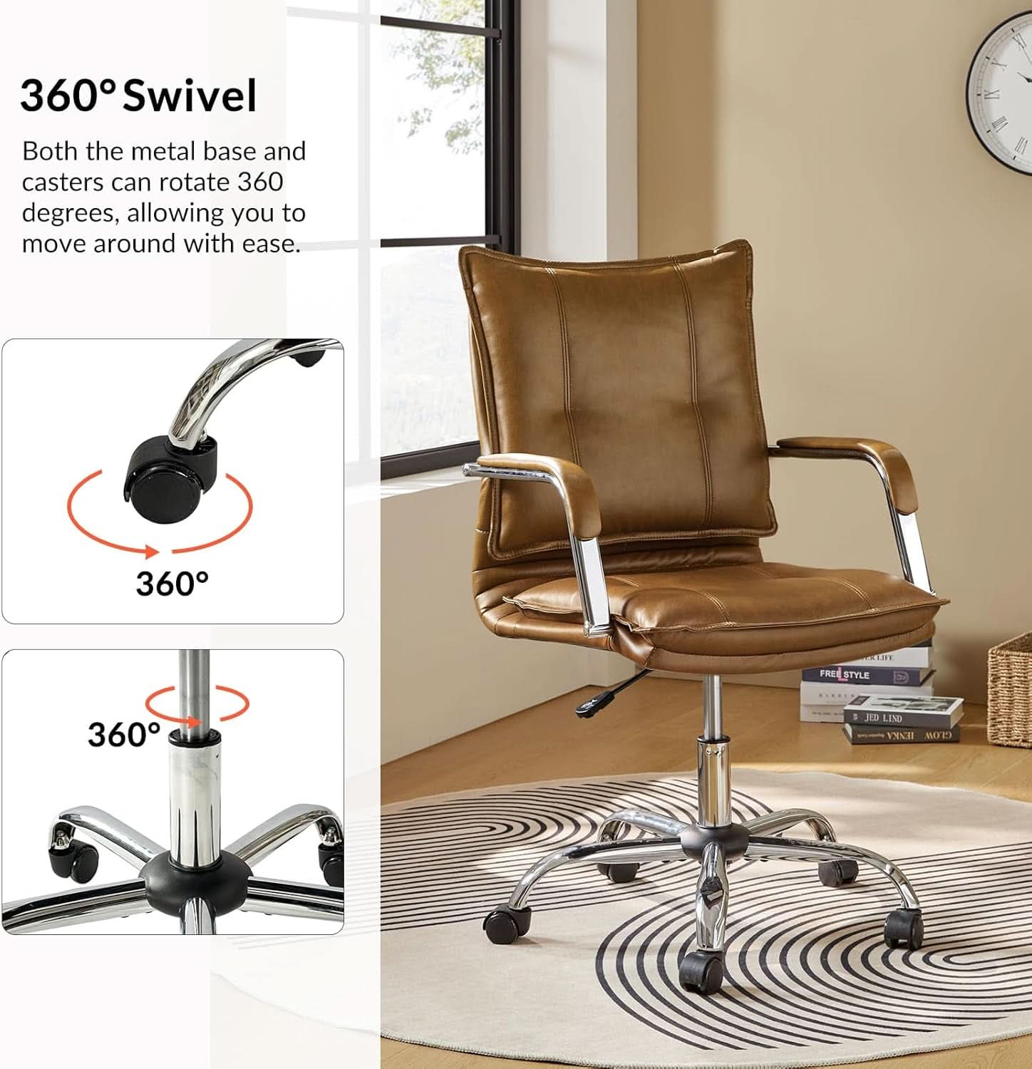 Faux Leather Adjustable Office Desk Chair Camel Armrests