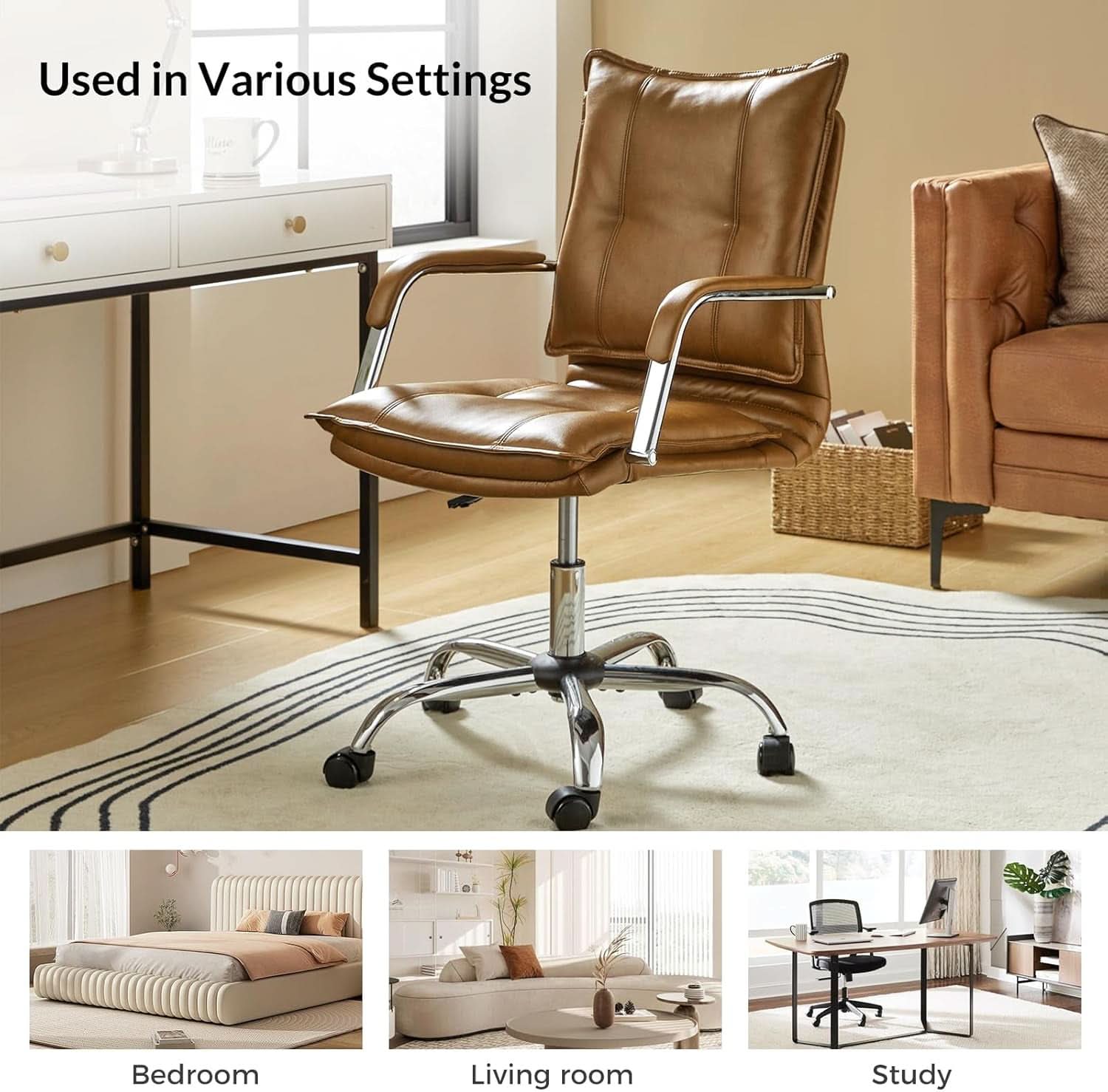 Faux Leather Adjustable Office Desk Chair Camel Armrests