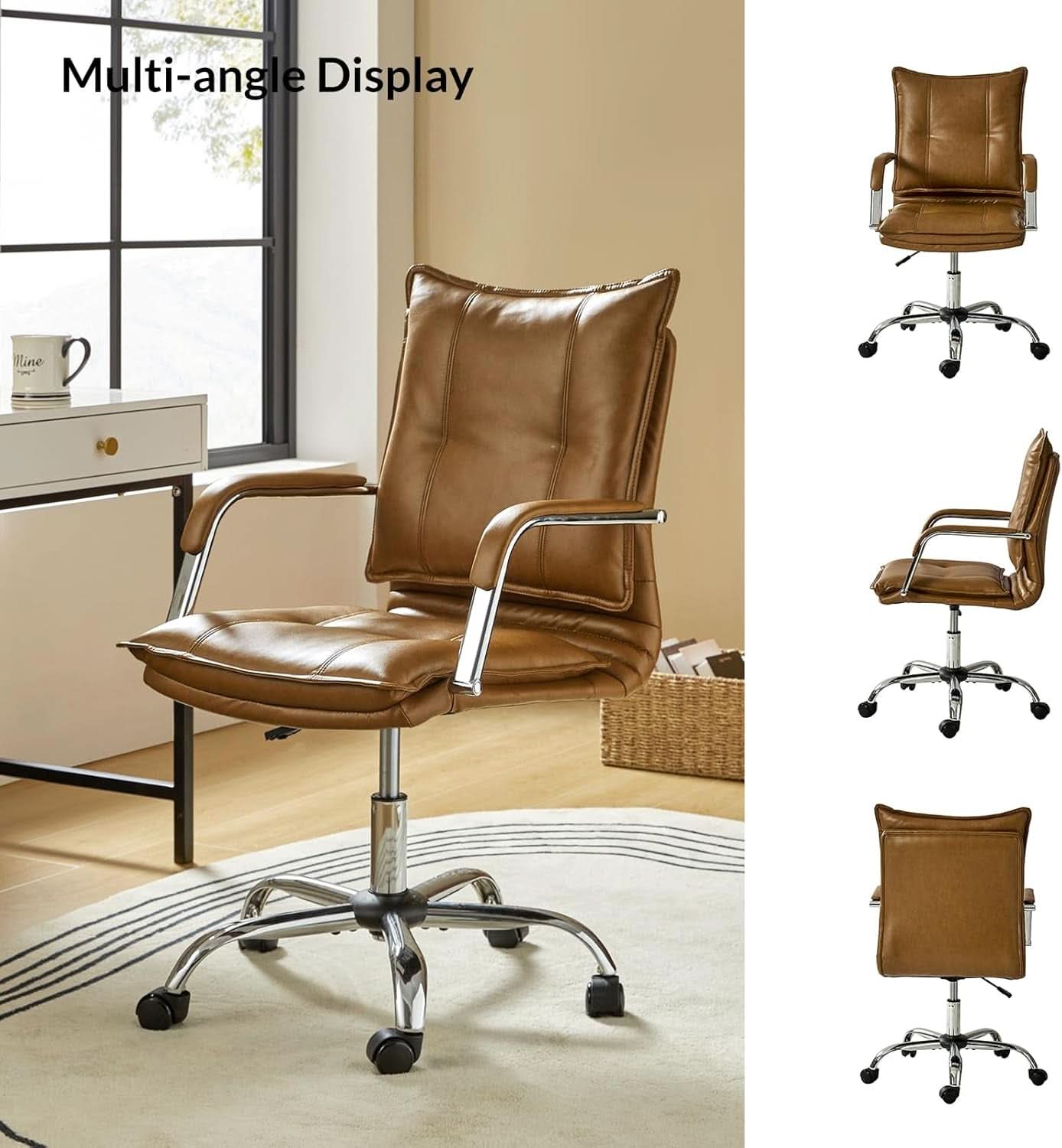Faux Leather Adjustable Office Desk Chair Camel Armrests