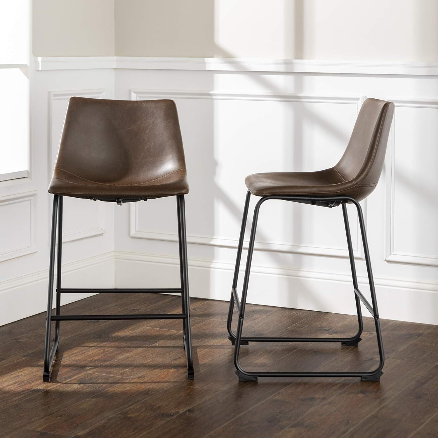 Faux Leather Armless Counter Chairs Brown Set of 2