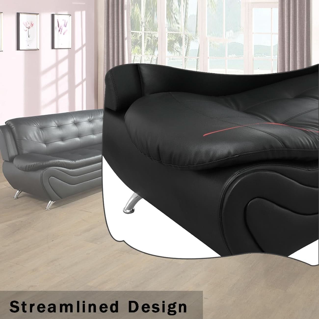 Faux Leather Contemporary Living Room Sofa Set With Loveseat Black