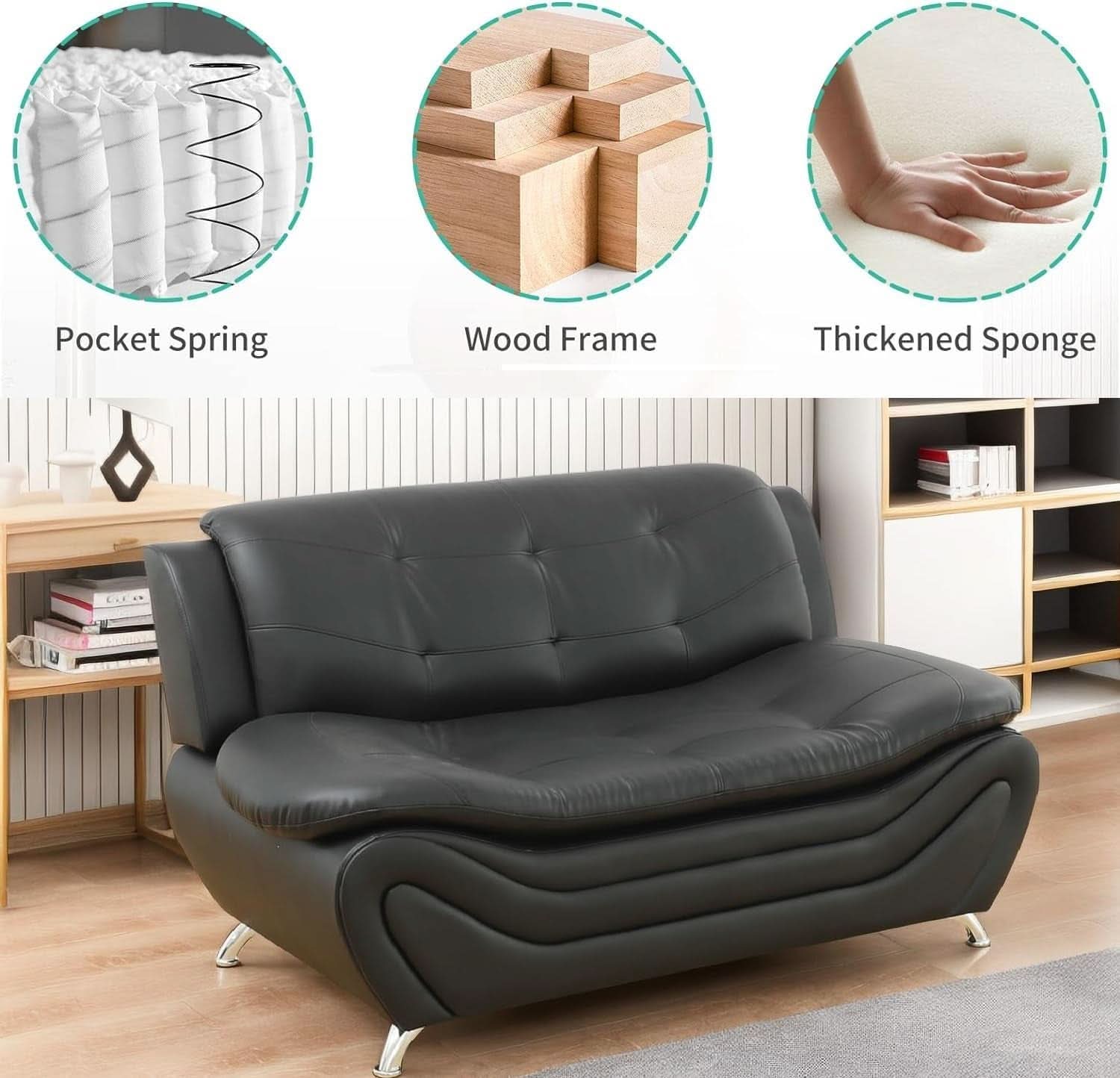 Faux Leather Contemporary Living Room Sofa Set With Loveseat Black