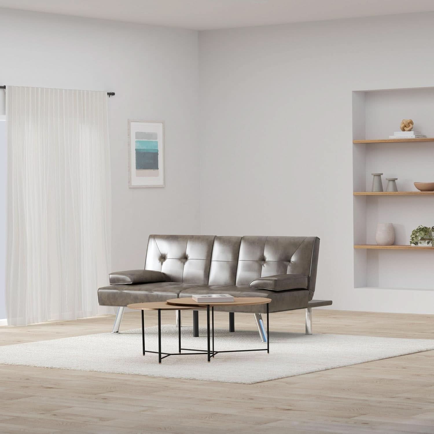 Faux Leather Convertible Futon Sofa Bed With Removable Armrests Gray