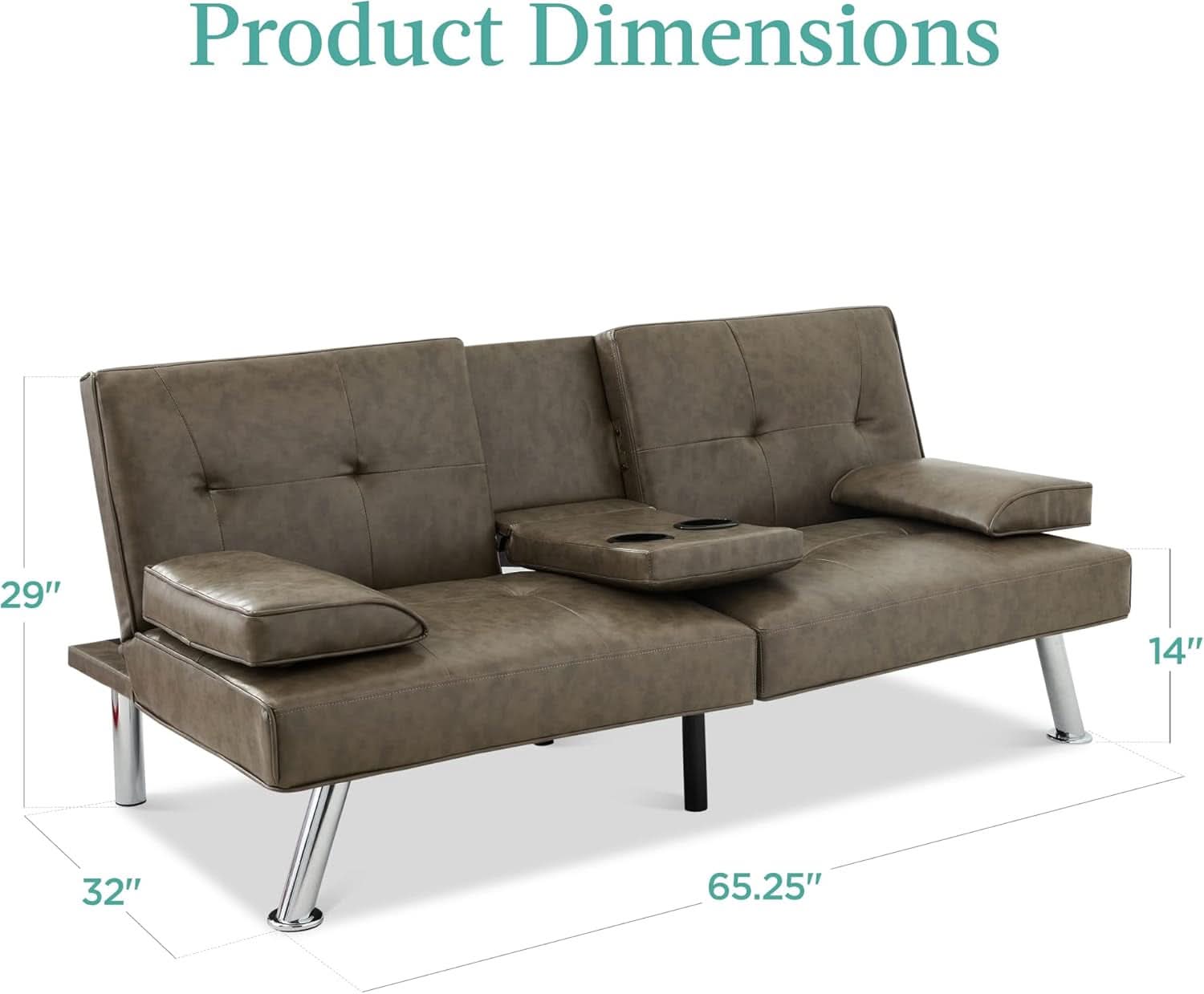 Faux Leather Convertible Futon Sofa Bed With Removable Armrests Gray