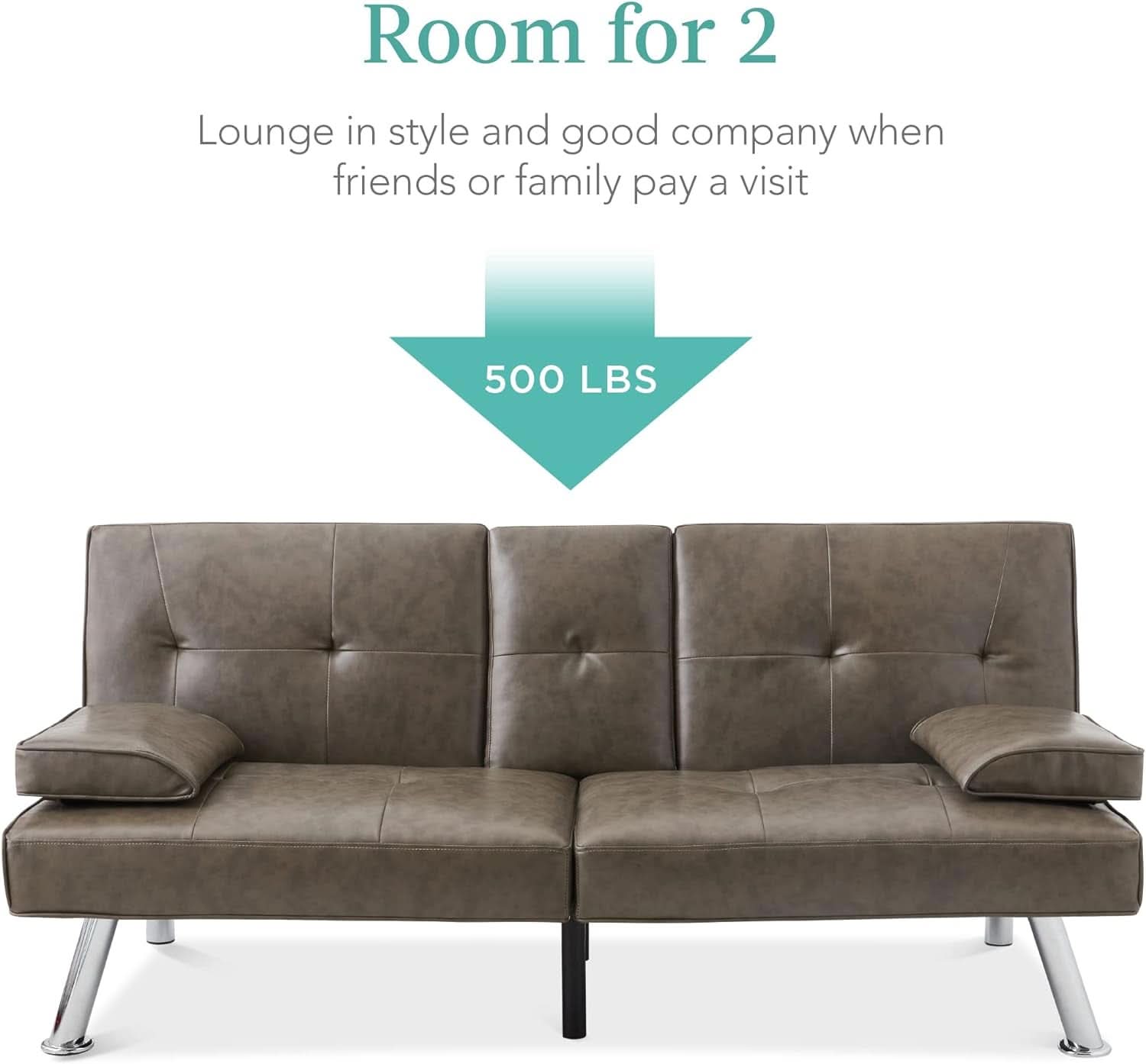Faux Leather Convertible Futon Sofa Bed With Removable Armrests Gray