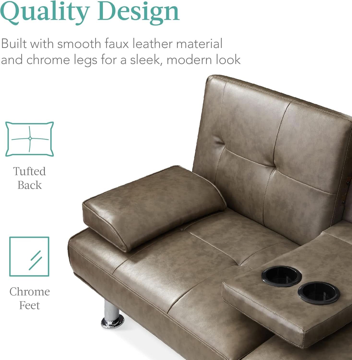 Faux Leather Convertible Futon Sofa Bed With Removable Armrests Gray