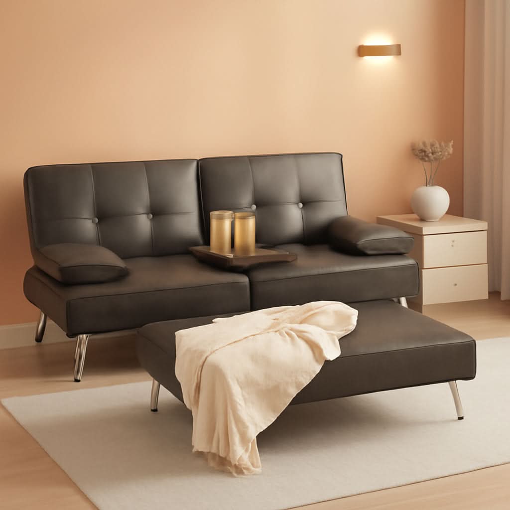 Faux Leather Convertible Futon Sofa Bed With Removable Armrests Gray