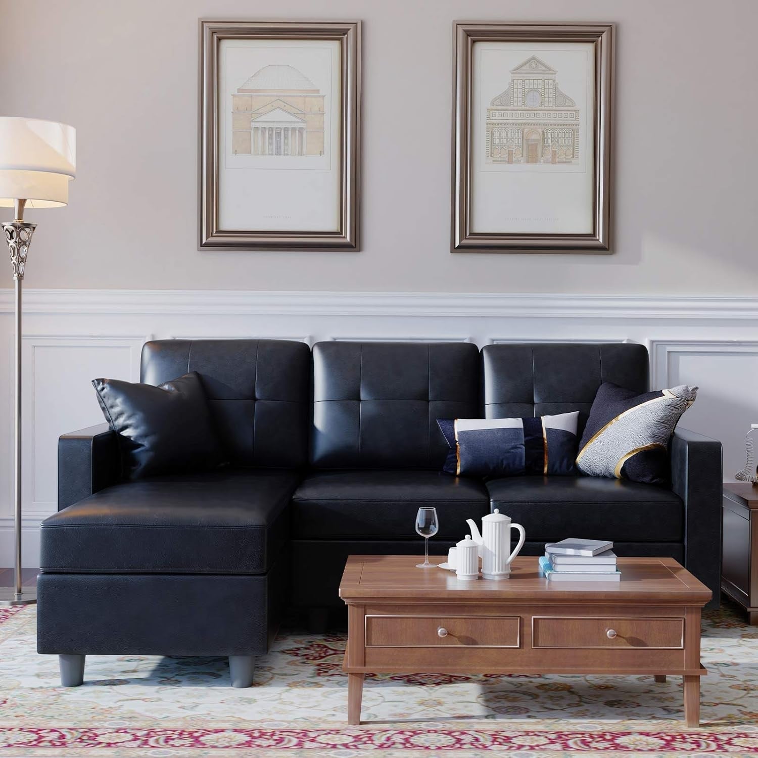Faux Leather Convertible Sectional Sofa for Small Spaces
