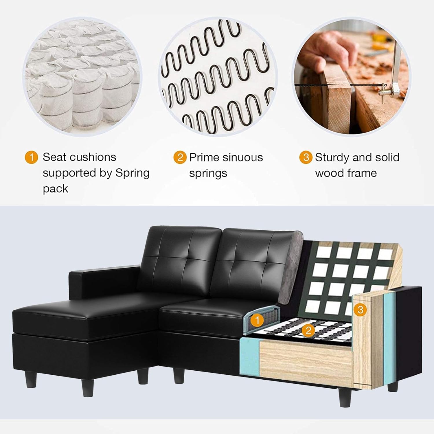 Faux Leather Convertible Sectional Sofa for Small Spaces