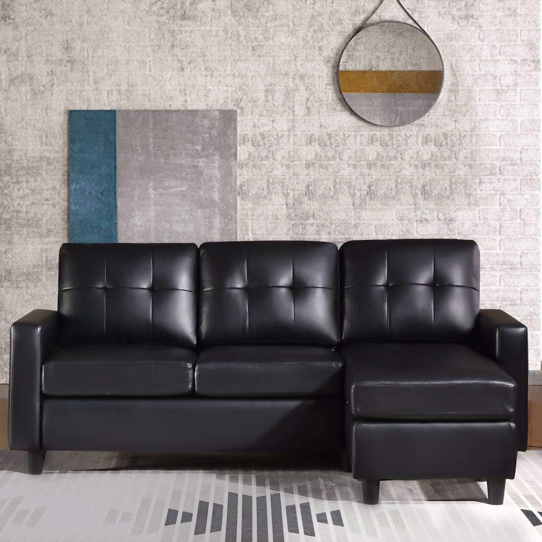 Faux Leather Convertible Sectional Sofa for Small Spaces