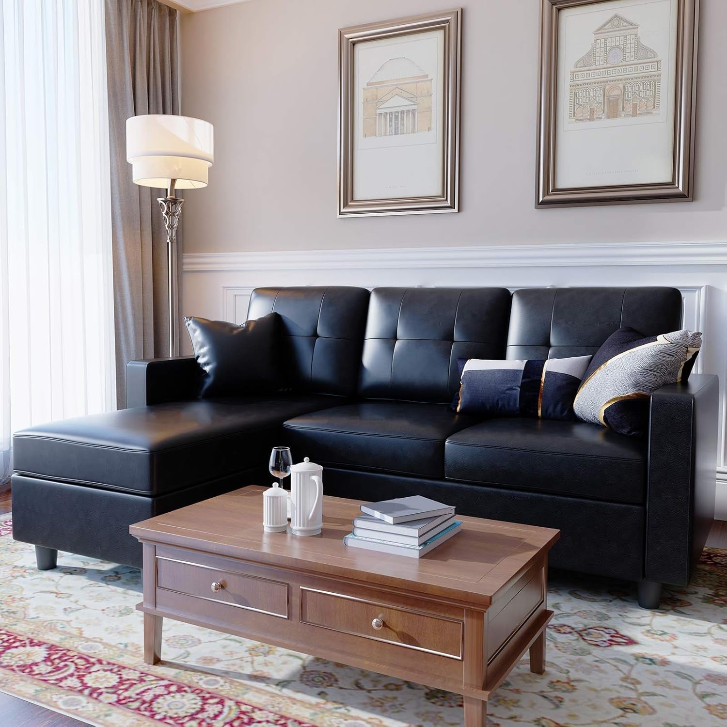 Faux Leather Convertible Sectional Sofa for Small Spaces