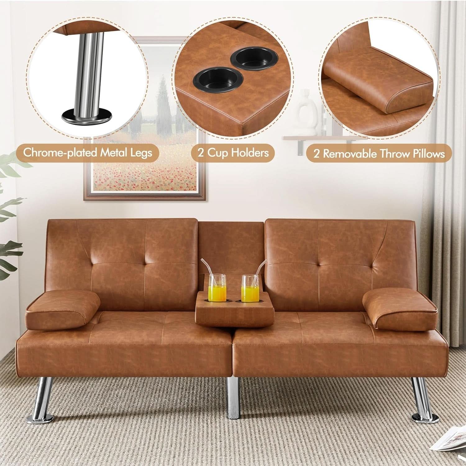 Faux Leather Convertible Sofa Bed Cup Holders And 3 Angles