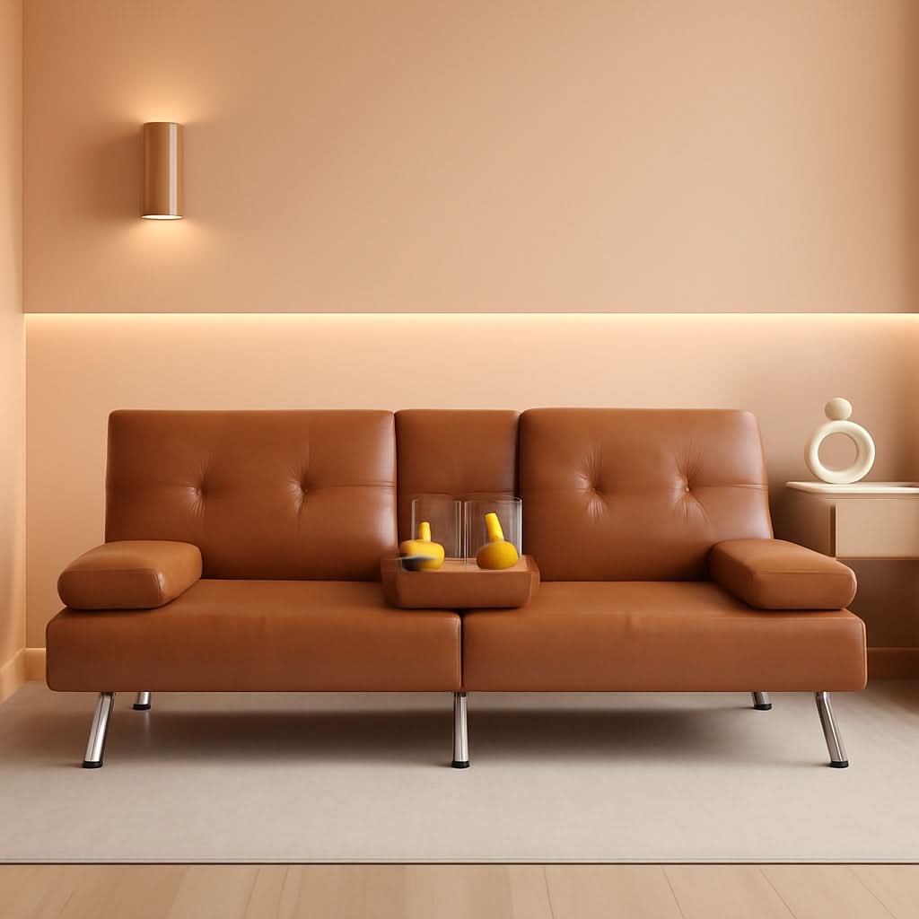 Faux Leather Convertible Sofa Bed Cup Holders And 3 Angles