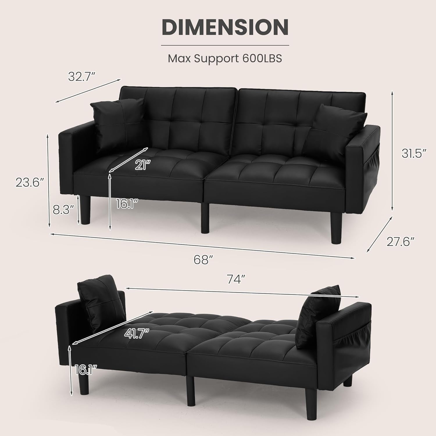 Faux Leather Futon Couch With Adjustable Back Black