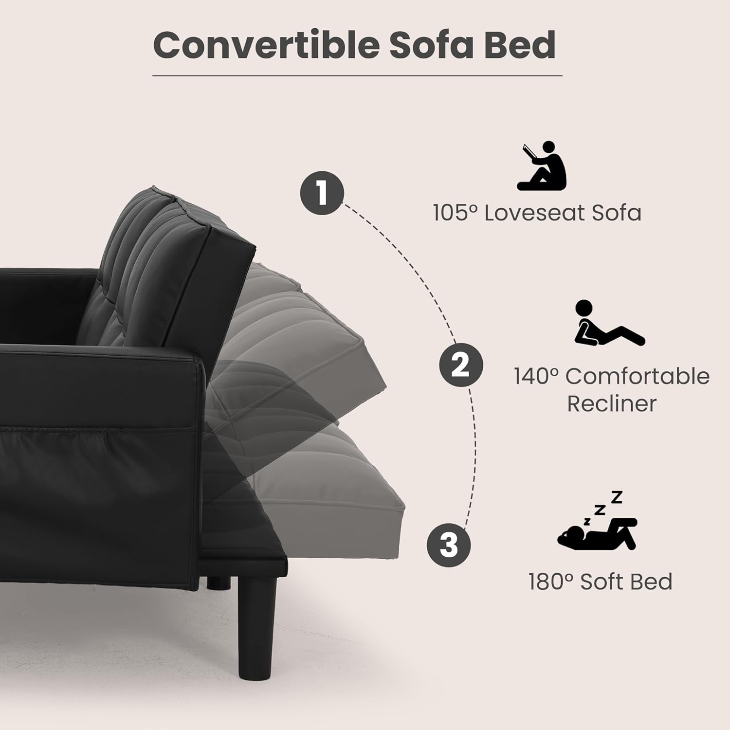 Faux Leather Futon Couch With Adjustable Back Black
