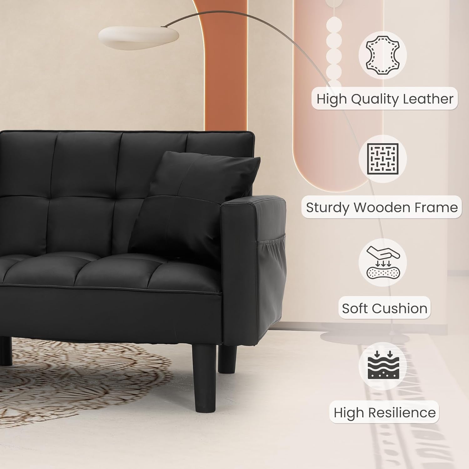 Faux Leather Futon Couch With Adjustable Back Black