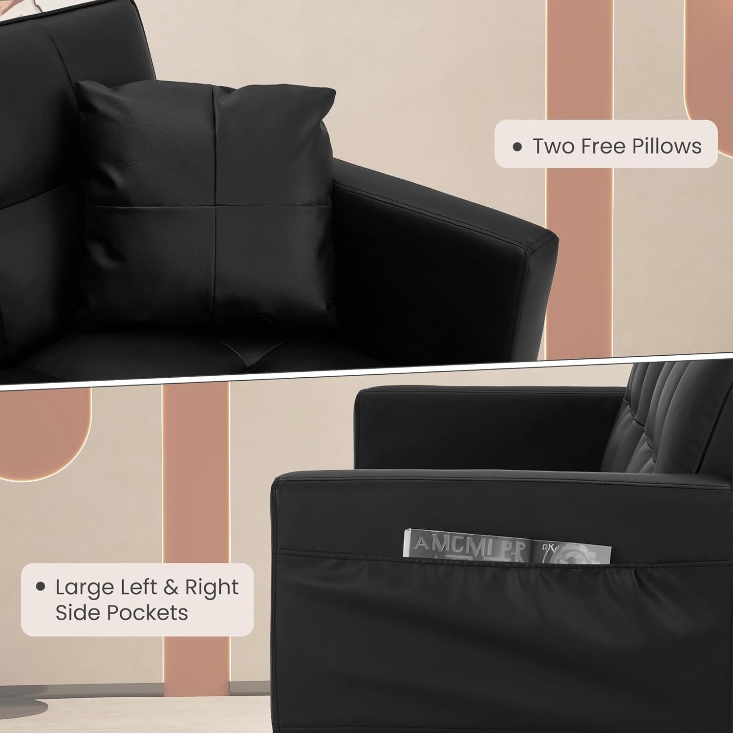 Faux Leather Futon Couch With Adjustable Back Black