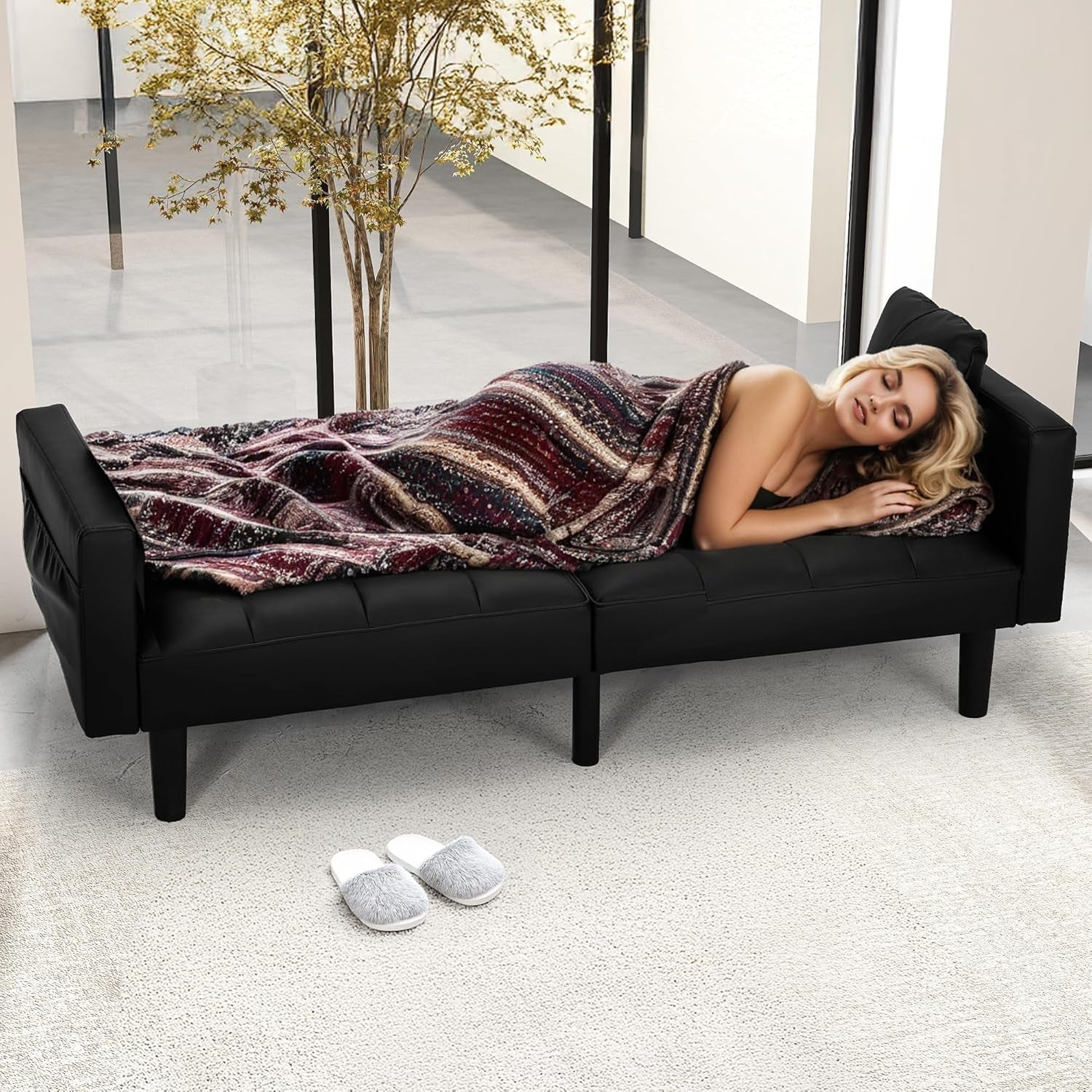 Faux Leather Futon Couch With Adjustable Back Black