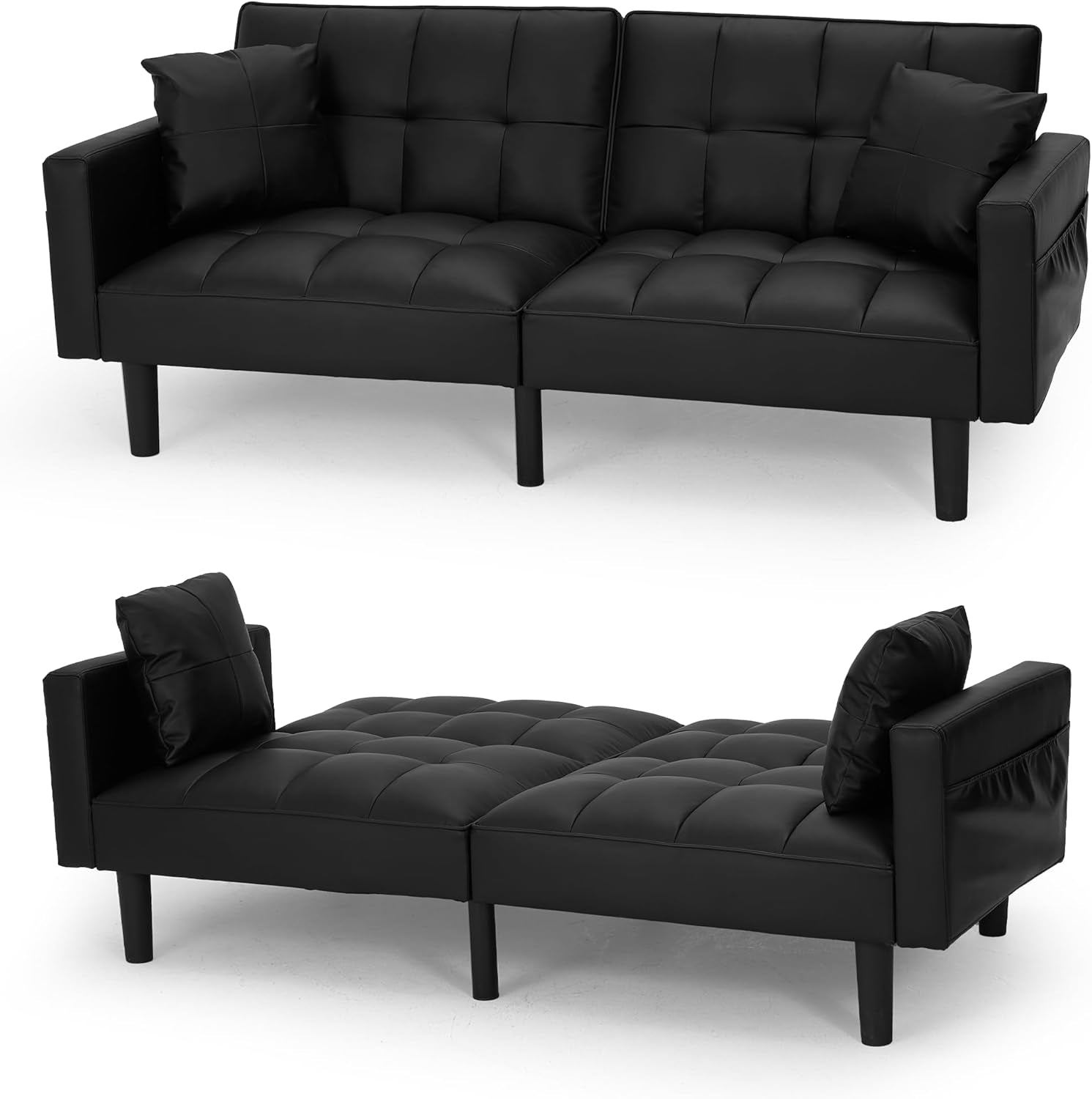 Faux Leather Futon Couch With Adjustable Back Black