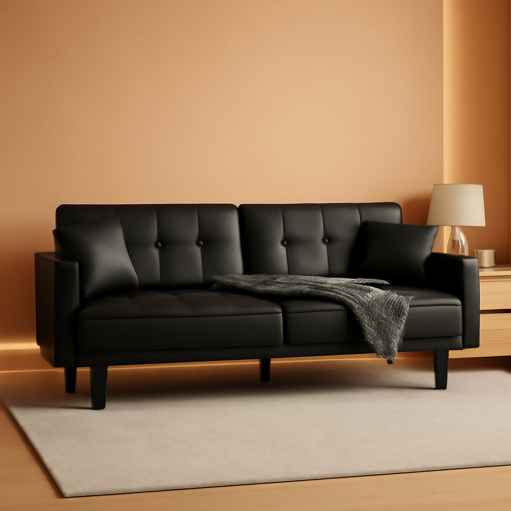 Faux Leather Futon Couch With Adjustable Back Black