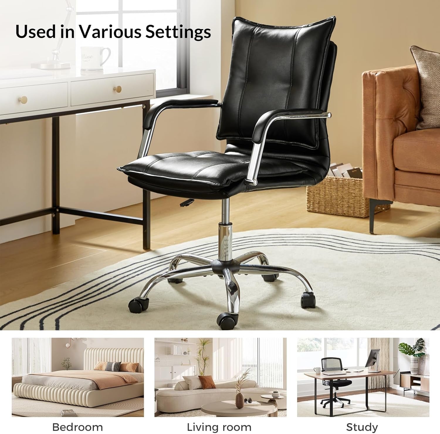 Faux Leather Home Office Desk Chair Adjustable Swivel Black
